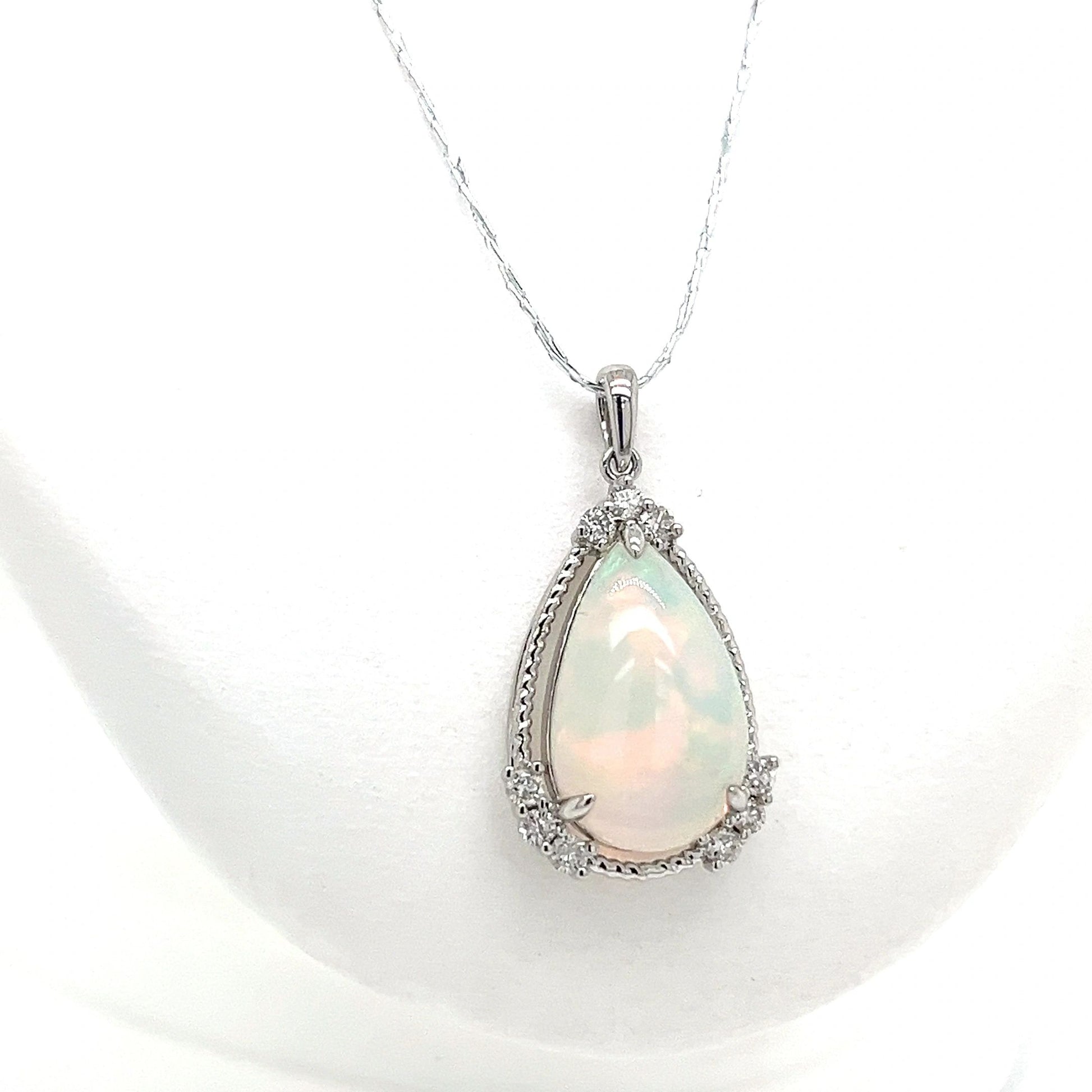 14K White Gold Opal and Diamond Pendant