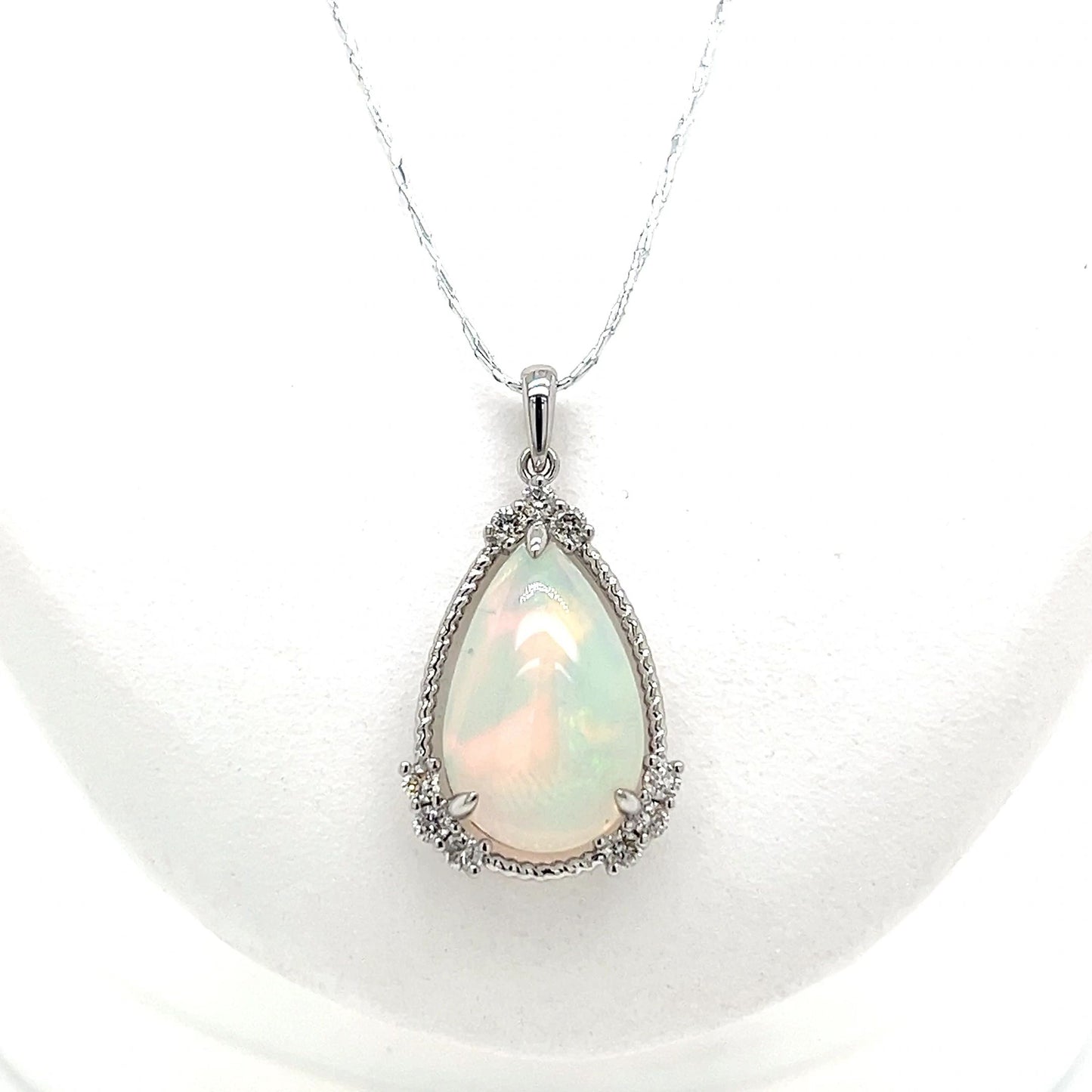 14K White Gold Opal and Diamond Pendant