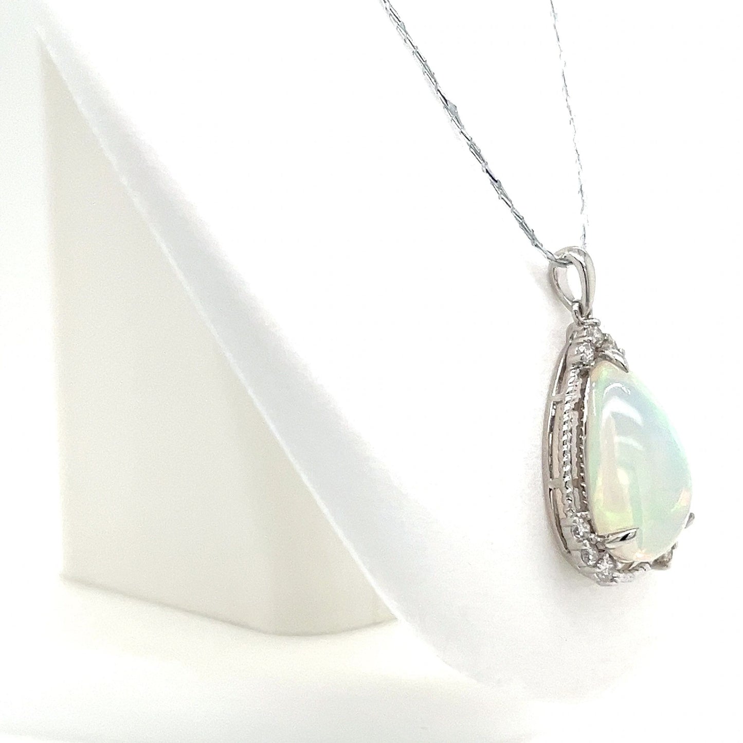 14K White Gold Opal and Diamond Pendant