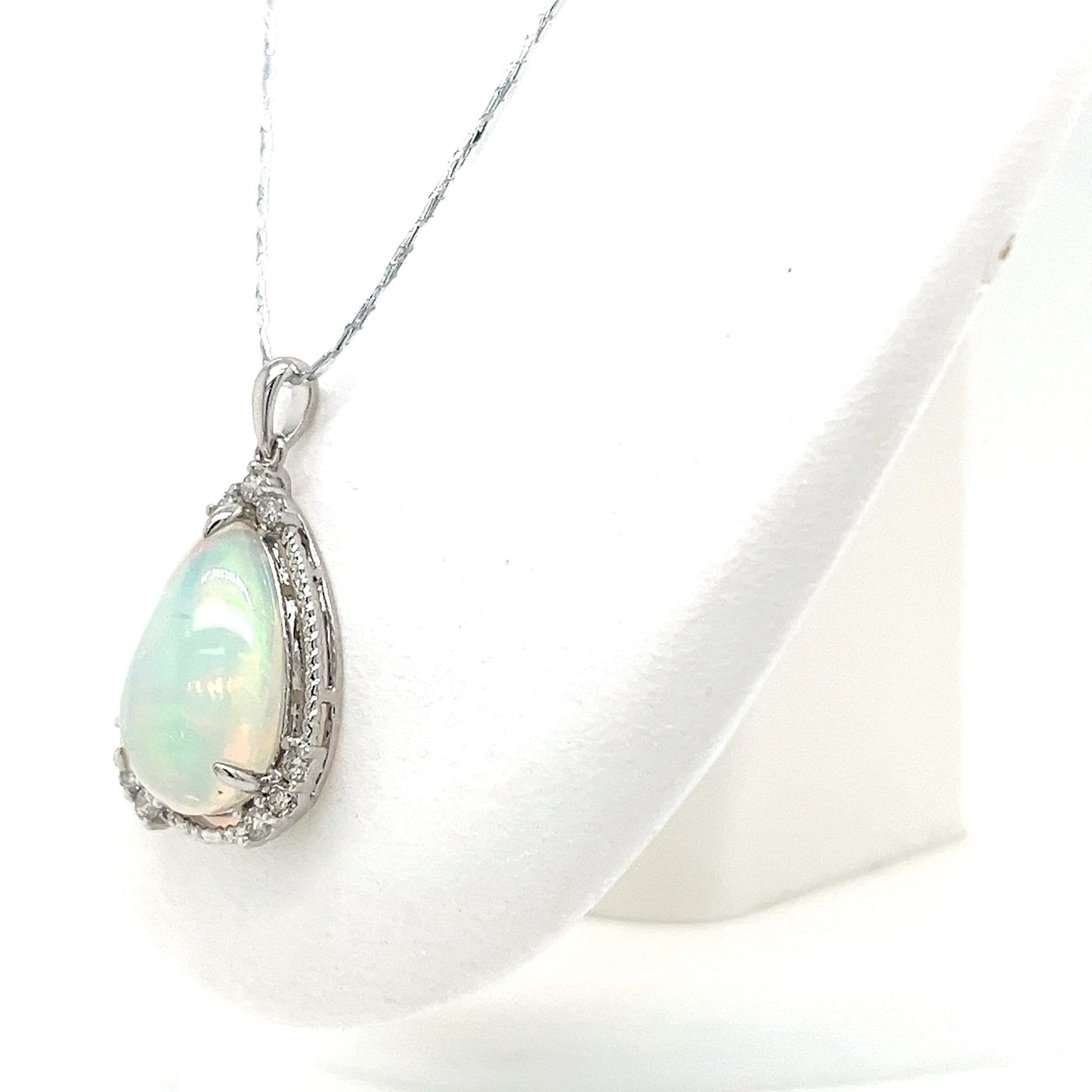 14K White Gold Opal and Diamond Pendant