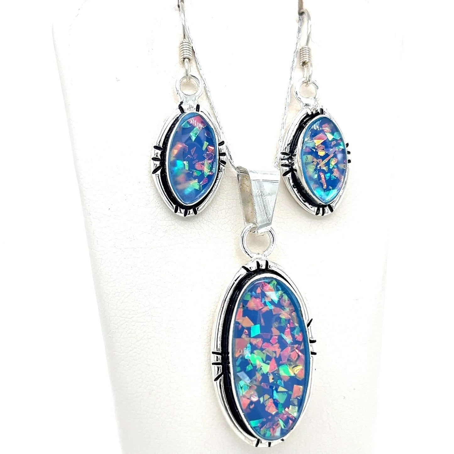 Sterling Silver and Opal Earrings and Pendant