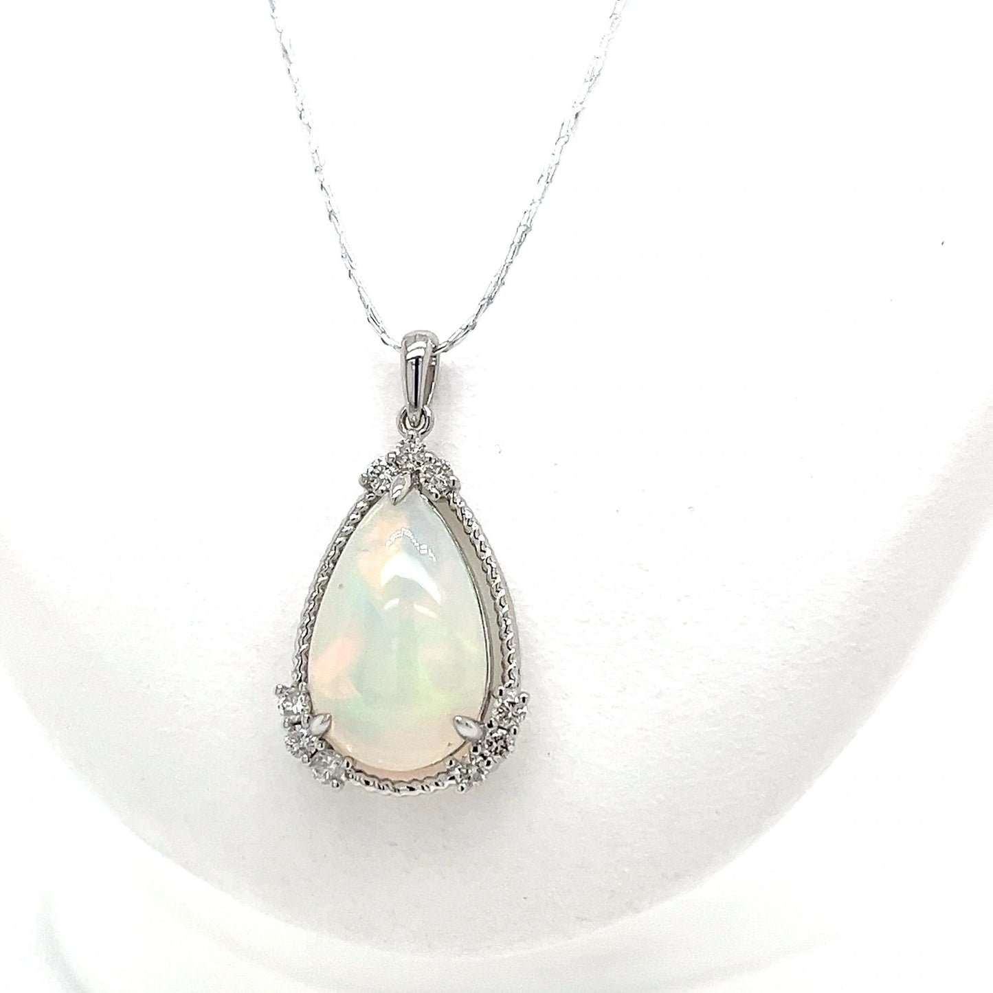 14K White Gold Opal and Diamond Pendant