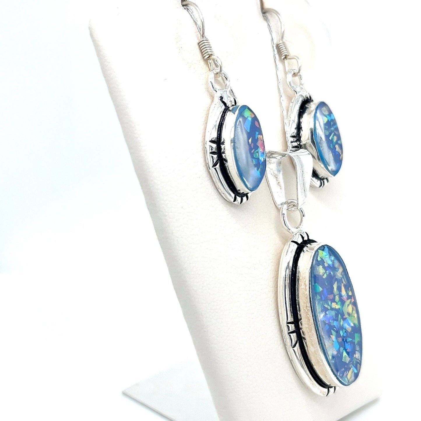 Sterling Silver and Opal Earrings and Pendant