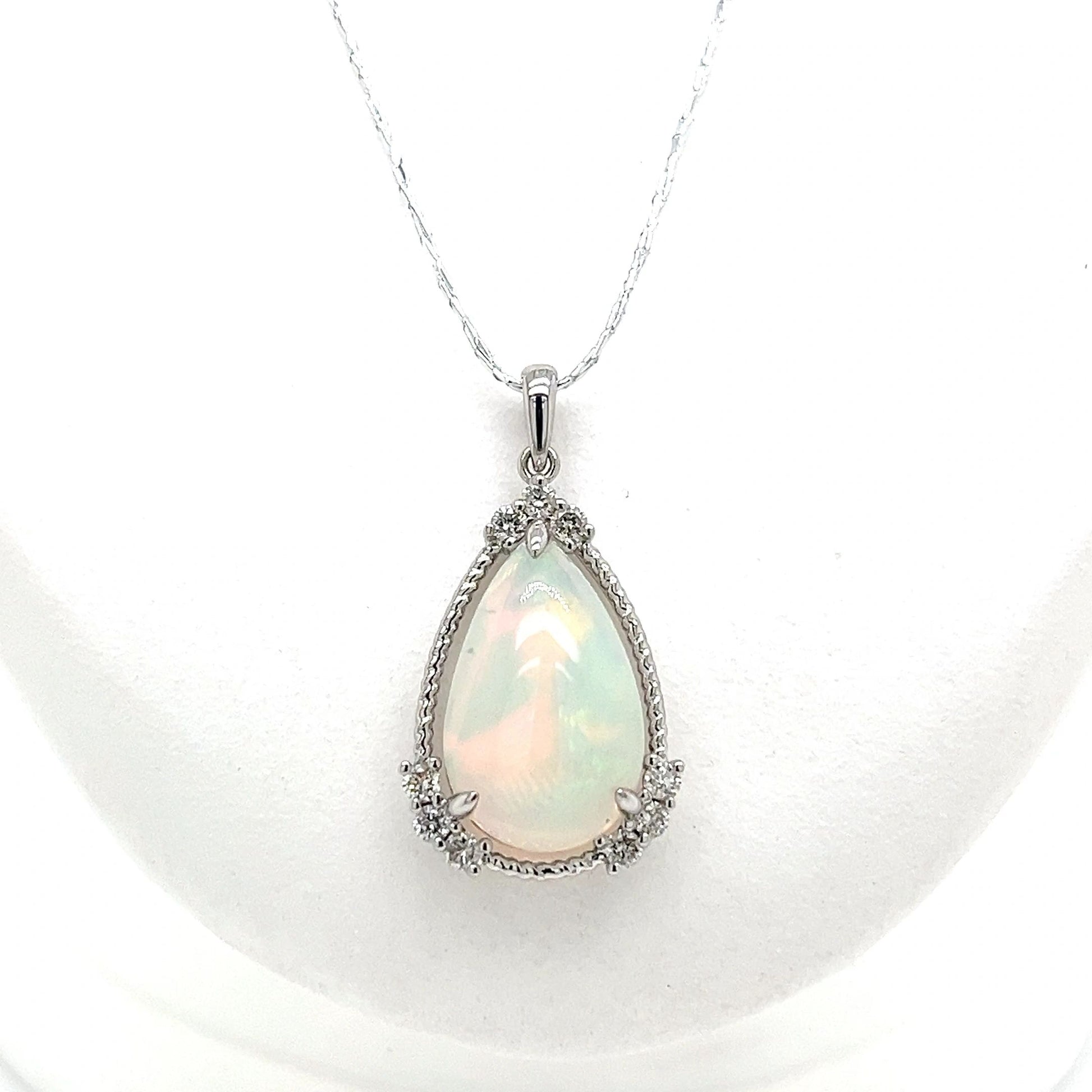 14K White Gold Opal and Diamond Pendant